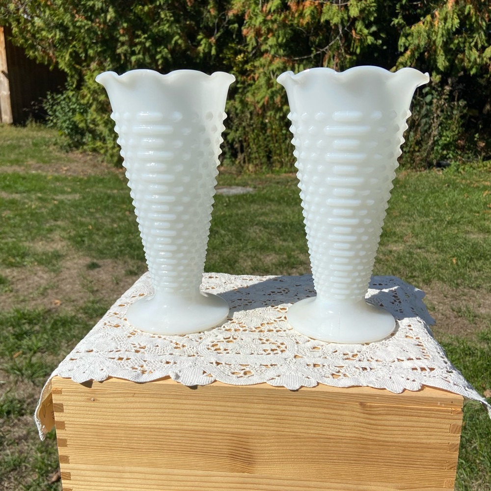 Pair of Anchor Hocking Hobnail Milk Glass tapered Vases with Ruffled Edge